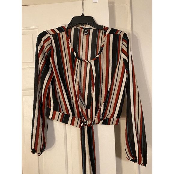 ☀️ Windsor Women Long Sleeve Tie Cropped Top Red Black & White Stripes Sz Small - Picture 1 of 5